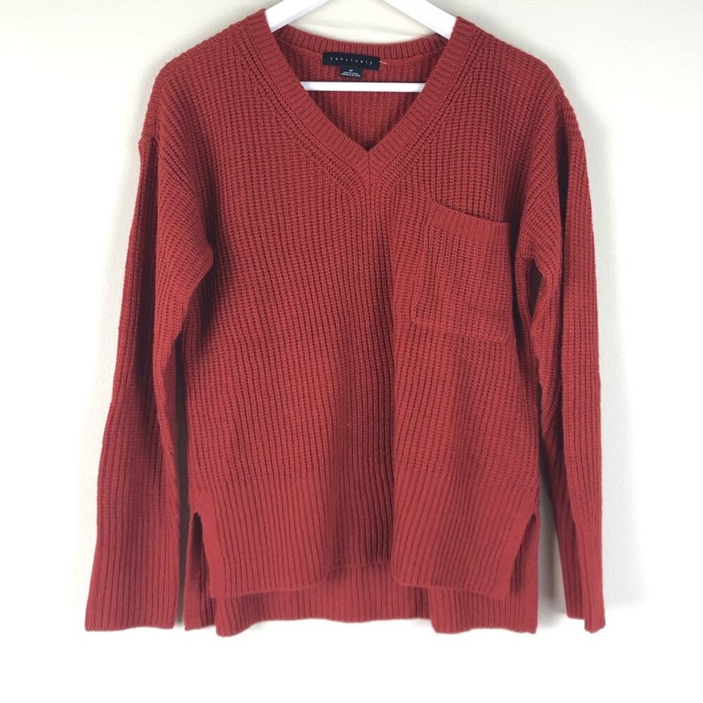 SANCTUARY Rust Red Knit V-Neck Sweater Pocket SP NWOT Cozy Pullover Petite Small